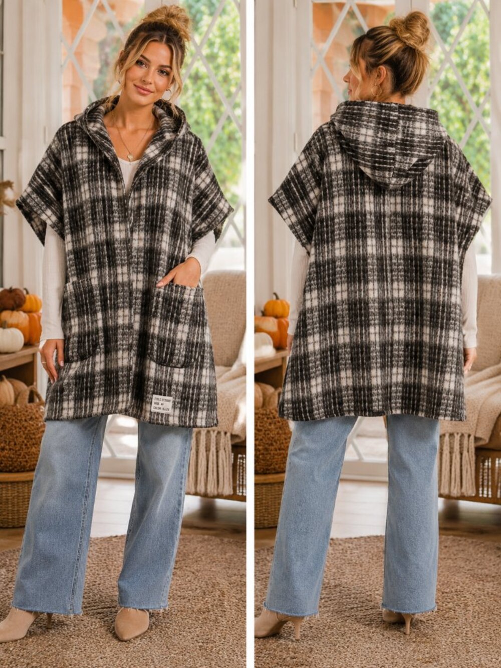 🤍🖤 Easel Hooded Plaid Poncho Cover-Up Size M 🤍🖤 Cozy Chic Layering Piece